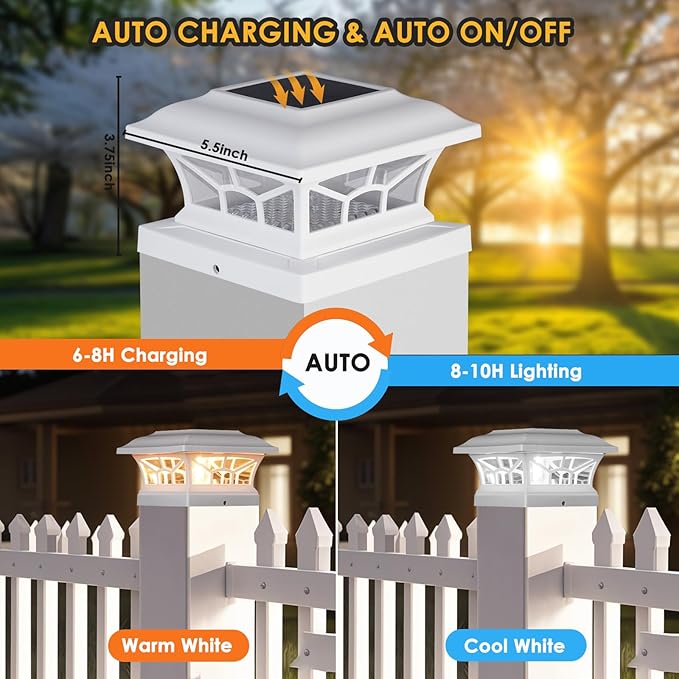 4 Pack Solar Post Cap Lights Outdoor Waterproof, Fits 4x4, 5x5, 6x6 Wooden & Vinyl Fence Decks, Edison LED Bulb with Warm & Cool White Light Modes (Classic White, 4)