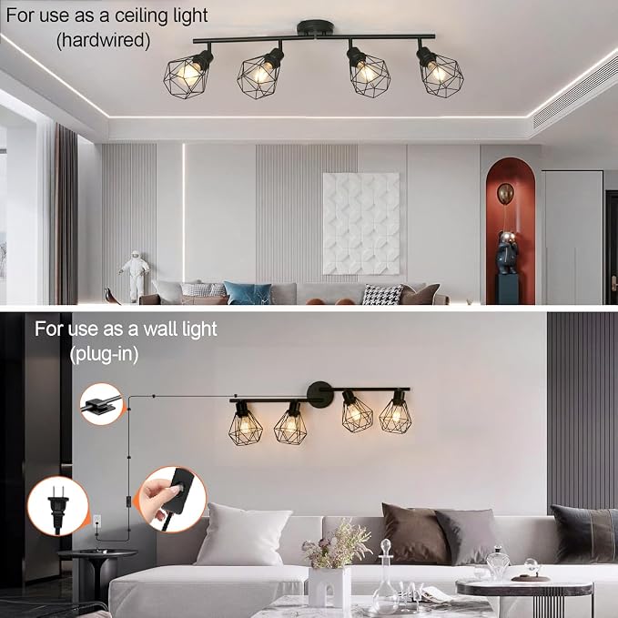 Plug in Track Lighting Kit, 80cm LED 4 Light Kitchen Track Lighting, Corded Wall Light with 16.4ft Cord, 4 Way Ceiling Spot Lighting Flexibly Rotatable Head Not Include Bulb (4-Black-Cage)