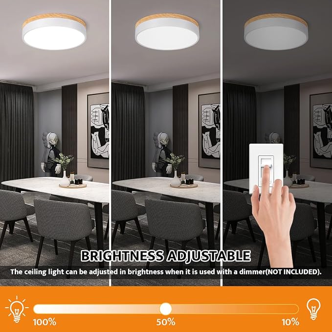 Yiisem Dimmable Wood LED Flush Mount Ceiling Light, White, 11.8 in | 5CCT 2700K-6000K Modern Close to Ceiling Lighting Fixtures, Round Ceiling Lamp for Bedroom, Kitchen, Hallway, Laundry Room