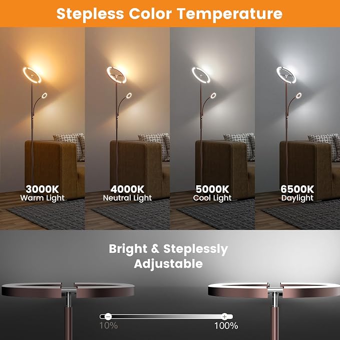 2-in-1 Brown LED Floor Lamp - 69" Dimmable Torchiere Standing Lamp with Remote Touch Control, 29W Bright Modern Floor Reading Lamp Pole Light for Living Room Bedroom Office Corner
