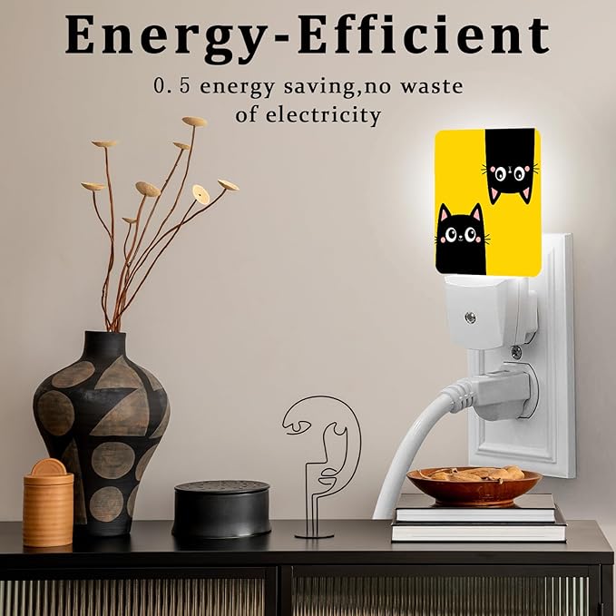 Cute Black Cat Night Light, Plug-into Wall Yellow Nightlight Lamp with Dusk to Dawn Sensor, Led Lamp 0.5W Energy Efficient for Boys Girls Adults Home Decor