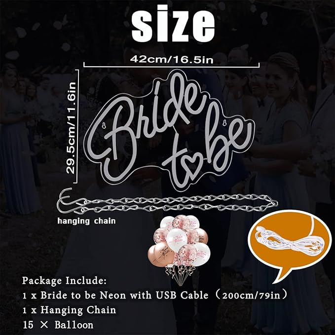 Bride to be Neon Sign, 16.5 x 11.6 Inch White LED Neon Signs USB Wedding Neon Light Up Signs for Bridal Shower Bachelorette Engagement Party Backdrop with 15 Pcs Balloon