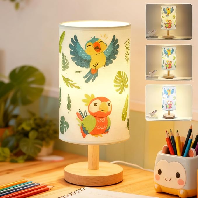 Bird Kids Table Lamp for Bedroom,Kids Bedside Lamps 3 Colors Wooden Base Nightstand Night Light with Cartoon Flaxen Fabric Shade Desk Lamp for Girls Boys Room Nursery Decor,Birds Gifts for Boys Girls
