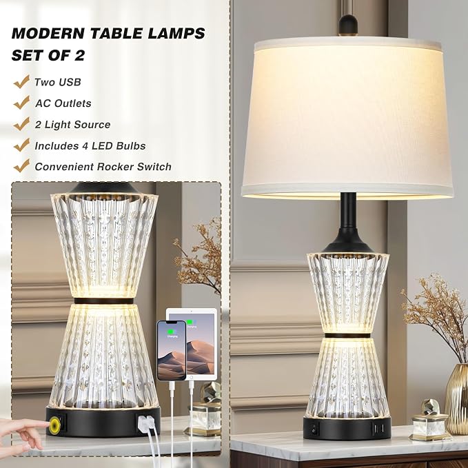 Modern Table Lamps for Living Room, 26" Tall Black Table Lamp with 2 Textured LED Night Light, 2 USB Charging Port & AC Outlet, Bedside Lamps for Bedroom Nightstands End Table Office, 2 Bulbs Included