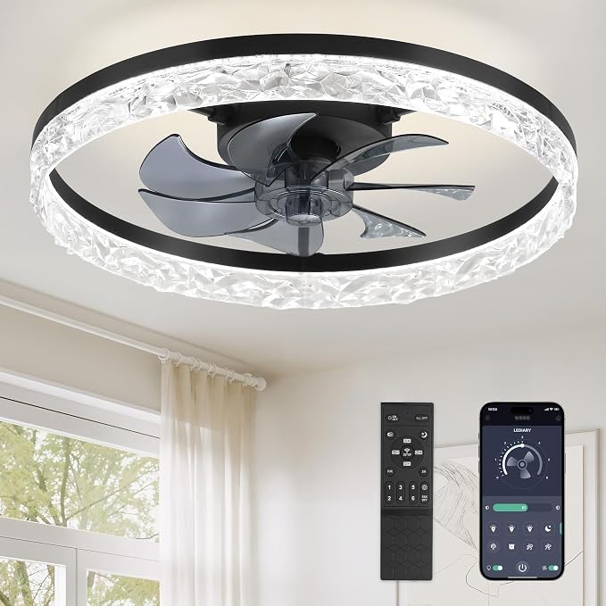 LEDIARY 20" Modern Ceiling Fans with Lights and Remote, Black Fandelier | Dimmable Low Profile, Flush Mount Ceiling Fan, Stepless Color Temperature Change, 6 Speeds, Bedroom, Living Room, Kitchen
