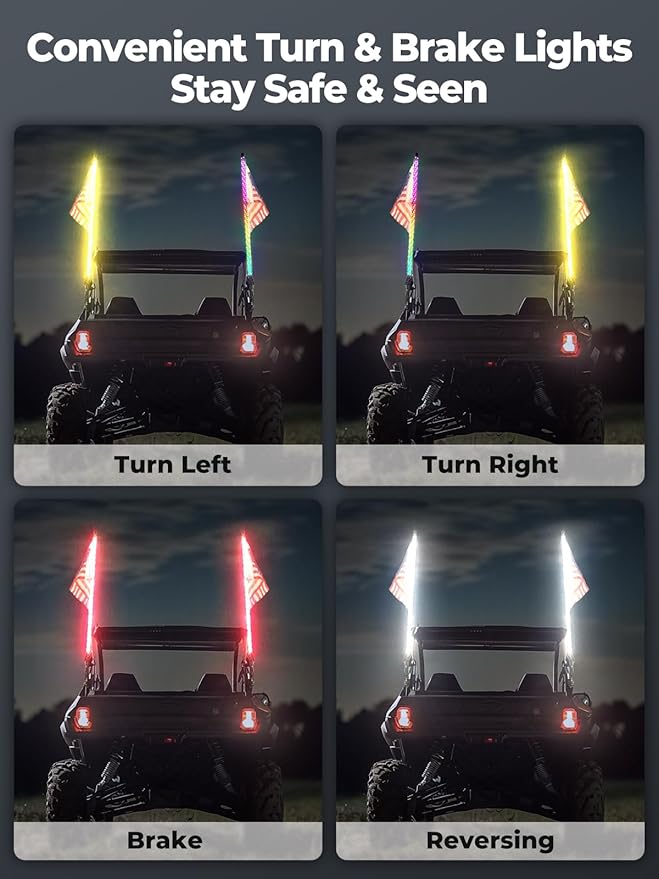 KEMIMOTO 2pc 4ft Bluetooth LED Whip Lights for UTV, Turning Signal Function Compatible with Polaris RZR Can-Am Maverick X3, App & RF Remote Control LED Light Whip for SXS ATV Buggy Boat Offroad
