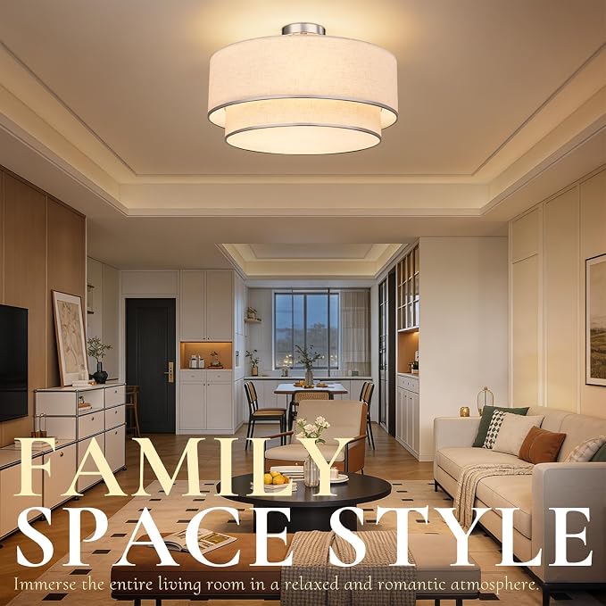 Hamilyeah 20 Inch Semi Flush Mount Ceiling Light, Dual Drum Fabric Shade Ceiling Light Fixture with Silver Metal Trim, Modern Ceiling Lamp for Bedroom, Living Room, Dining Room, Kitchen, Hallway
