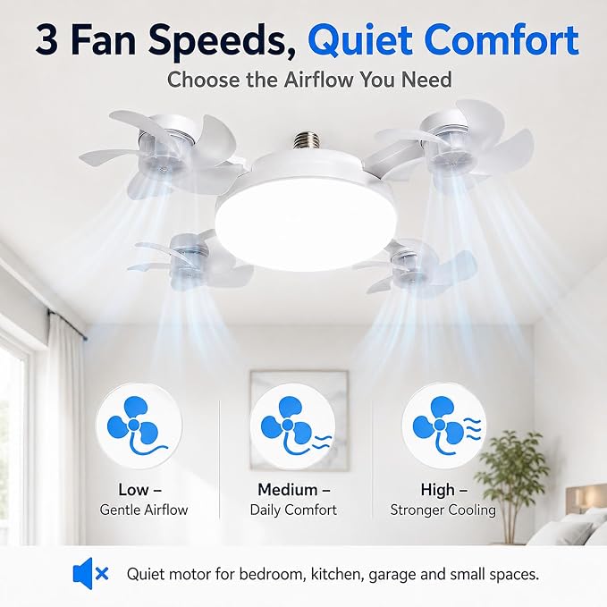 Socket Fan Light, Screw in Ceiling Fan with Remote, Light Socket Fan with LED Light, 3 Speeds, 3 Color Temperatures, Foldable E27 Fan Light for Bedroom Kitchen Garage (3 Head)