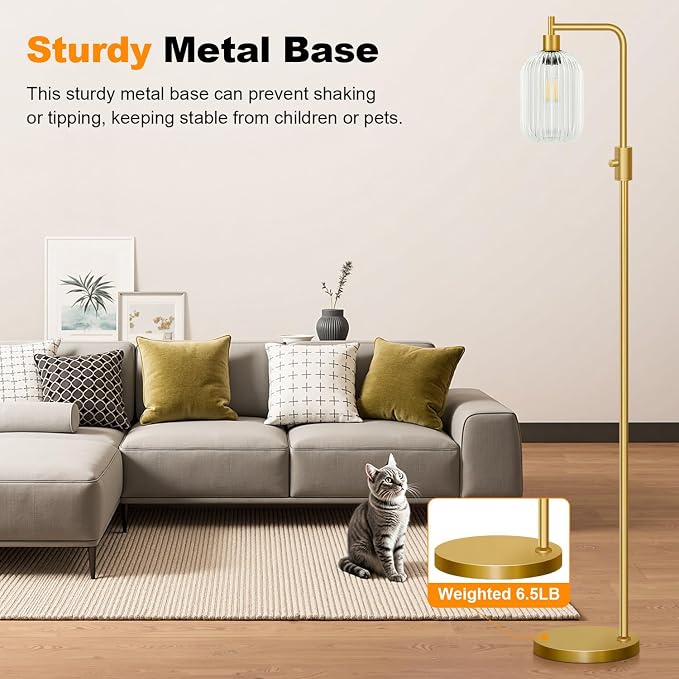 【Upgraded】 Dimmable Floor Lamp for Living Room with Clear Ribbed Glass Lampshade, Gold Modern Floor Lamp with 900LM LED Bulb Included, Arc Standing Tall Lamp for Bedroom, Office, Reading Room, Corner
