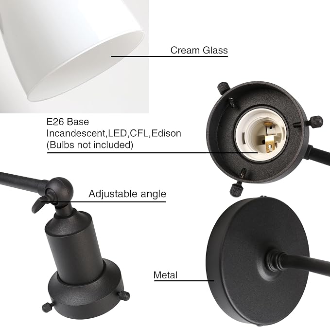 Industrial Vintage Slope Pole Single Sconce with 5.5" Oval Dome White Glass Shade Black Wall Sconce Wall Mount Light Lamp Fixture