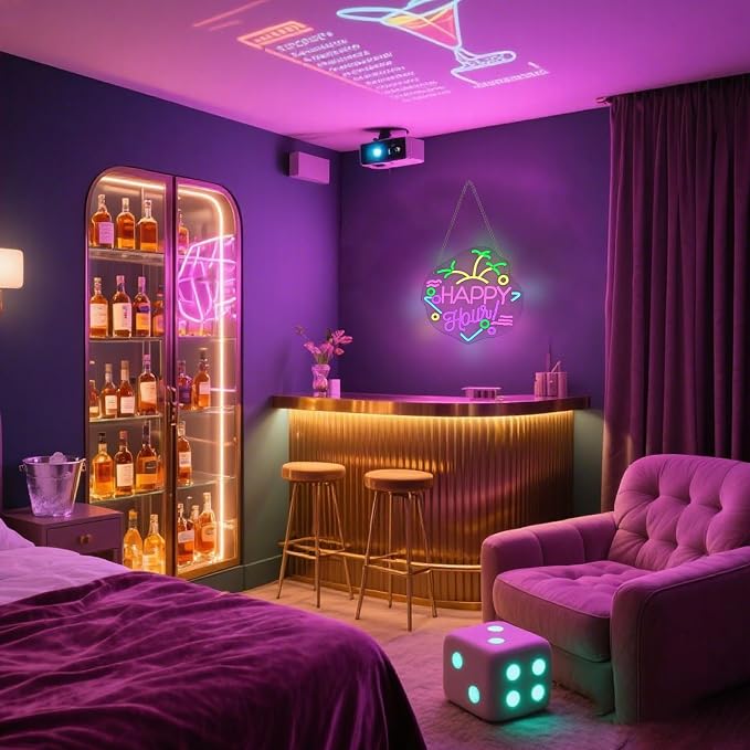 Happy Hour Neon Sign LED Neon Light Bar Wall Decor Home Bar | Drink Theme Light Up Sign for Pubs, Game Rooms & Man Caves, USB Powered LED Wall Decor, Adjustable Brightness