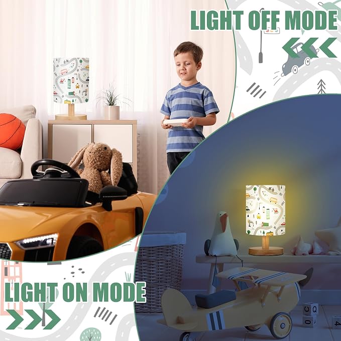 Transportation Kids Table Lamp for Bedroom Kids Bedside Lamp with Linen Wooden Nightstand Cartoon Nursery Lampshade for Girls Boys Living Room