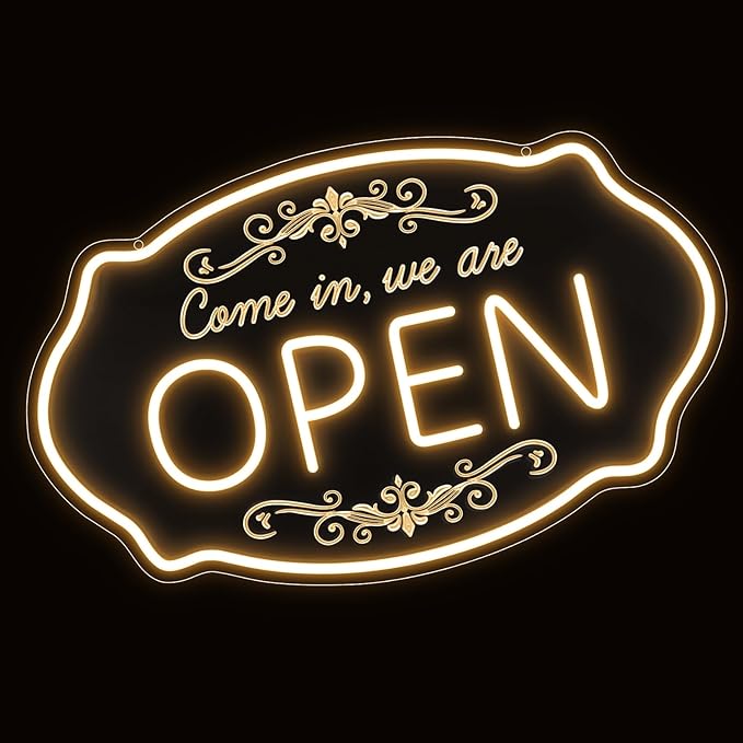 LED Neon Open Sign for Business, 23.5x14'' Come in We’re Open Sign, Warm White Adjustable Brightness Neon Lights for Party, Bar,Salon, Stores, Hotel, Wall Decor, Clubs, Hotels