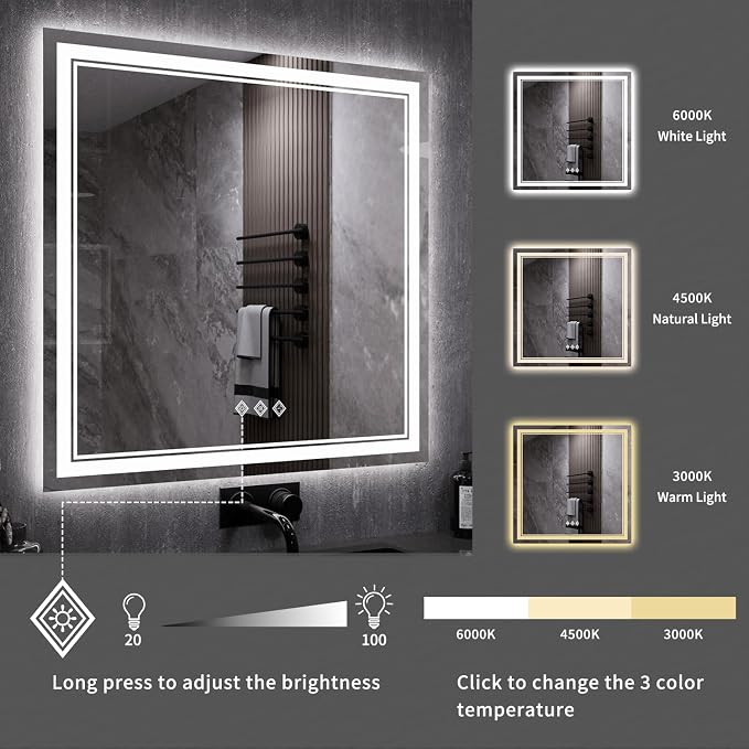 LED Mirror, 40x40 Inch Gradient Front and Backlight Bathroom Mirrors for Wall, 3 Colors Dimmable CRI>90 Double Lights, IP54 Enhanced Anti-Fog, Hanging Plates Wall Mount LED Vanity Mirror