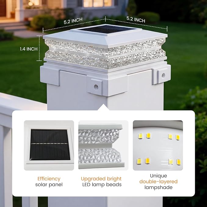 APONUO Solar Post Cap Lights Outdoor, 3 CCT& 2 Brightness Deck Post Lights Solar Powered for 4x4 5x5 6x6 Vinyl Wooden Posts, Waterproof Dusk to Dawn Fence Deck Lights for Patio Garden, White, 12-Pack