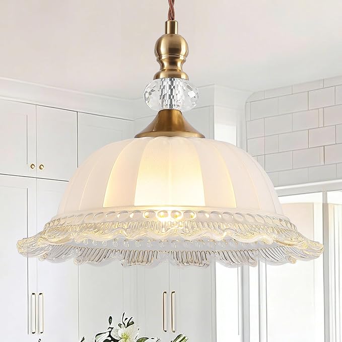 10.6" Milk Glass Vintage Pendant Light for Kitchen Island | Antique Brass Gold, Small Pendant Light, Adjustable Hanging Height Fixture, for Dining Room Hallway Bedroom