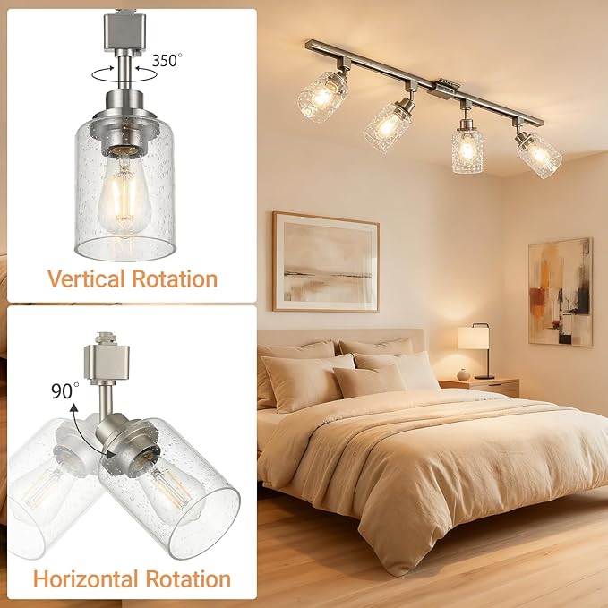 LOUSACE 4 Pack H Track Lighting Replacement Heads Brushed Nickel Ceiling Track Lighting Fixtures with Seeded Glass Shades, H Type Track Light Heads E26 Base Spotlight for Retail Shop Kitchen Bathroom