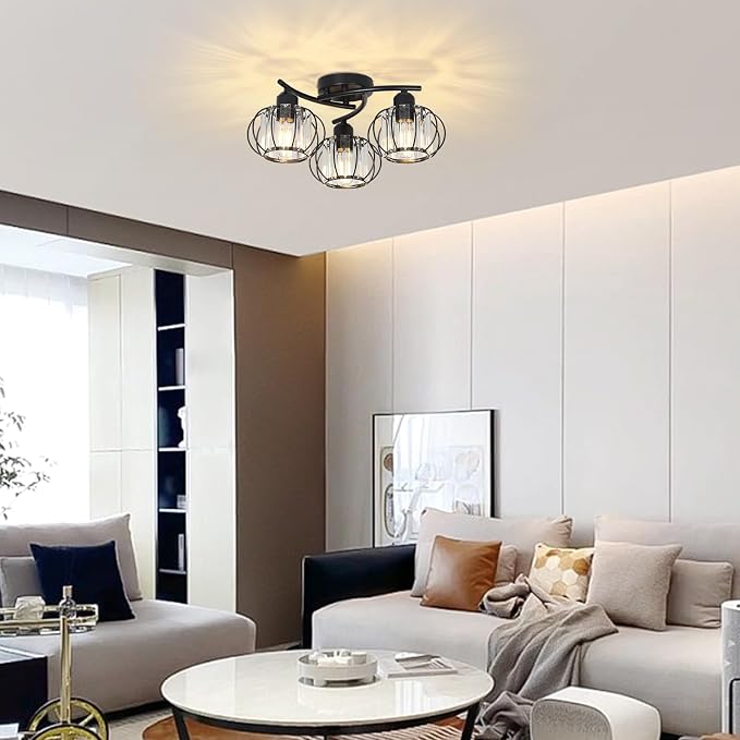 PAUFUL 3-Light Crystal Semi Flush Mount Ceiling Light,Black Modern Close to Ceiling Light Fixtures,Kitchen Light Fixtures with Clear Crystal Shade,Hallway Light Fixtures for Hallway Bedroom Bathroom