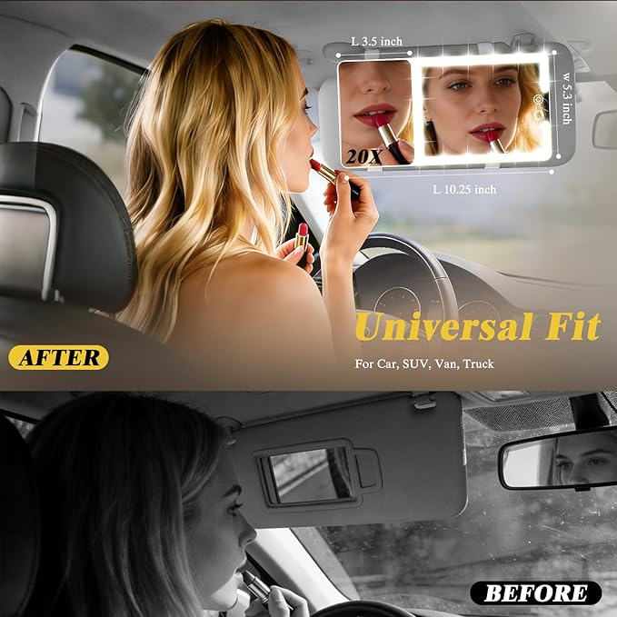2pcs Car Visor Mirror with Lights & 20X Magnification, LED Lighted Vanity Makeup Mirror for Women, Universal Fit for Car SUV Truck, Easy to Install, Rechargeable 3 Color Modes & Adjustable Brightness