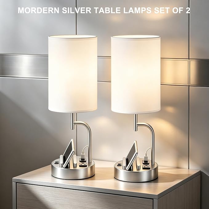 Dreamholder 2 Pack Table Lamp, Bedside Lamp with 3 USB Charging Ports & AC Outlet, USB Desk Lamp with 2 Phone Holders, Linen Fabric Shade Nightstand Lamps for Bedroom Living Room Office, Silver