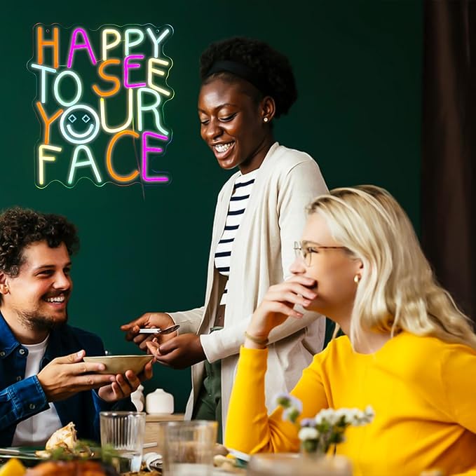 Happy to See Your Face Neon Sign for Kindergarten – Dimmable Multicolor Welcome Light with Wired Controller, 14.2×12.6 in, Includes 4 Wall Anchors – Teacher Appreciation Gift