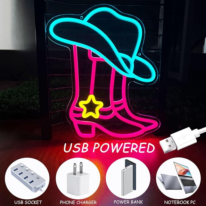 Cowboy Boot Hat Neon Sign, LED Western Pink Cowgirl Boots Neon Lights for Wall Decor, Cowboy Hats Neon Light Up Signs USB Powered for Bedroom Art, Game Room Party, Birthday Party, Christmas Gift