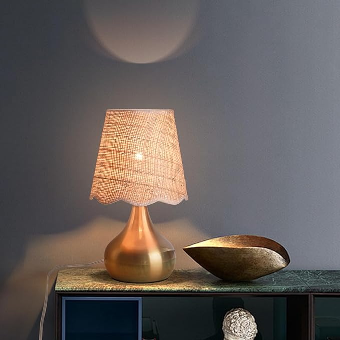 Gold Small Bedside Table Lamp for Bedroom, Brass Gold Mini Table Lamps for Nightstand, Rattan Shade Table Lamps for Small Spaces for Kitchen Counter, Bookshelf, Bedroom, Living Room, Kids Dorm