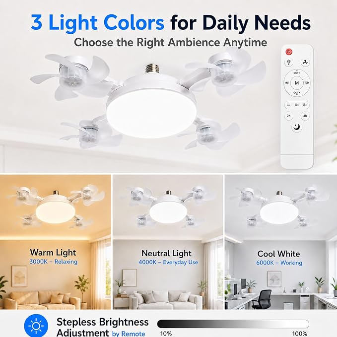 Socket Fan Light, Screw in Ceiling Fan with Remote, Light Socket Fan with LED Light, 3 Speeds, 3 Color Temperatures, Foldable E27 Fan Light for Bedroom Kitchen Garage (4 Head with E27 Adapter)