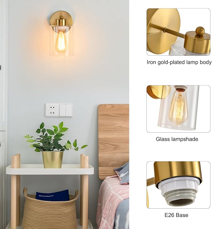 Metal Sconces Wall Lighting with Clear Glass Shade, Bathroom Vanity Light Matte Black Wall Sconce, Modern Wall Light Fixtures