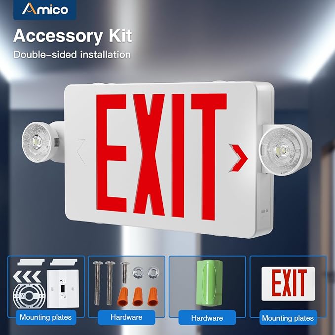 Amico 12 Pack Red Exit Sign with Multi-Angle LED Emergency Lights | ETL Listed, Wall & Ceiling Dual Mount, Hard Wired 120/277V AC, 90 Min Backup, 94V-0 Fire Resistant Plastic Housing