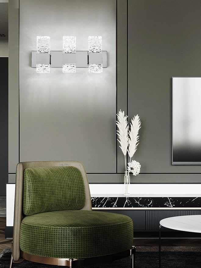 Modern LED Bathroom Vanity Light Fixtures Chrome Stainless Steel 3 Light Wall Sconces for Bathroom Lighting Fuxture Over Mirror 21.5Inch 30w LED Crystal Wall Light Cool White 5800k