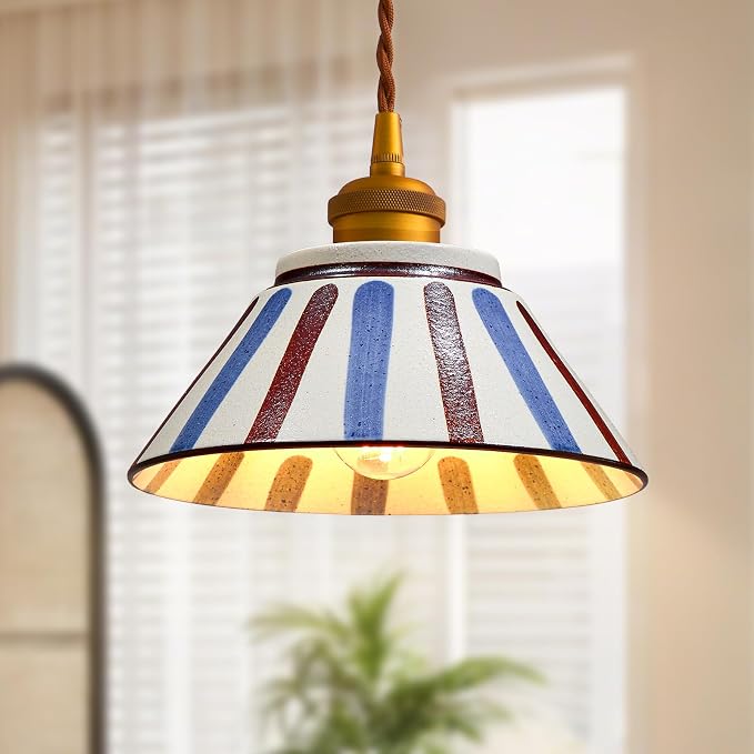 Vintage Striped Ceramic Pendant Light, 7in Hand-Painted Small Porcelain Hanging Light with Gold Metal, Antique Chandelier for Kitchen Island, Dining Room, Bedroom Bedside, Restaurant, Corridor