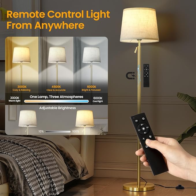 Floor Lamp Height Adjustable with Remote Control for Living Room Gold | Height adjustable 55" to 67" Gold Standing lamp Bright Dimmable 12W Bulb with Remote for living room bedroom corner
