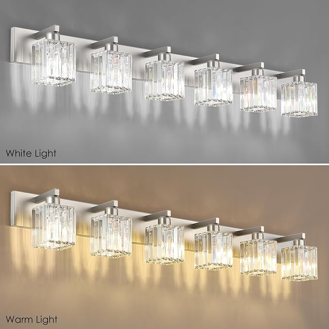 Aipsun Brushed Nickel Bathroom Light Fixtures 6 Light Vanity Lighting Fixture Crystal Modern Bathroom Vanity Light (Exclude Bulb)