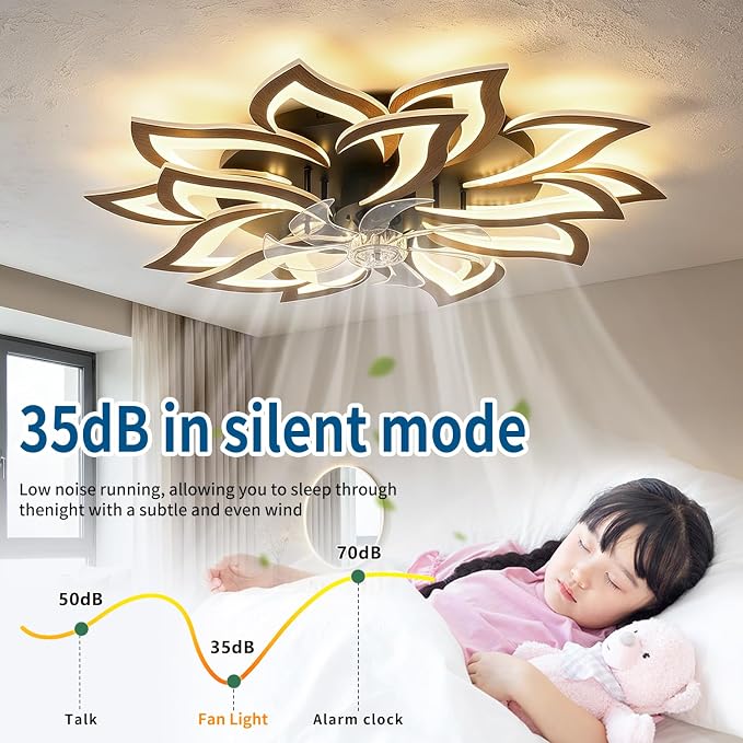 Dalouguan 35" Wood Modern Ceiling Fan with Lights Remote Control, 6 Speeds 3 Light Color Low Profile Flush Mount Ceiling Fan for Kitchen Bedroom Living Room