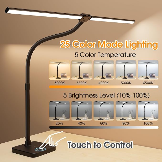 ShineTech LED Desk Lamp, 24W Double Head Desk Light with Wireless Charging | 25 Lighting Modes, USB Port, Dual Swing Arm, Eye-Caring, Auto-Off Timer & Memory Function, for Home Office Dorm Piano Nail