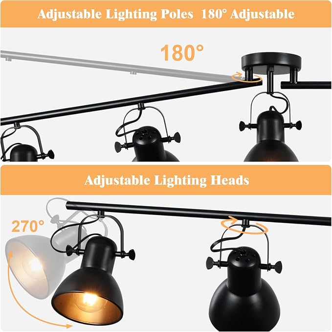 5-Light Kitchen Track Lighting Fixtures Ceiling, Black Semi Flush Mount Track Ceiling Light with 5 Flexibly Rotatable Lighting Heads Track Lighting Kit Ceiling Spot Lighting, Dia 47.24in