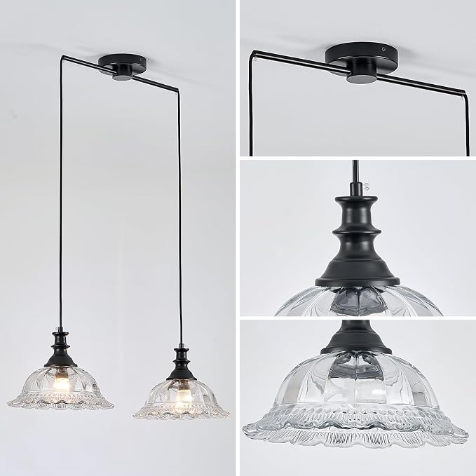 HDDFL 2 Light Pendant Light Fixtures Modern Glass Hanging Lights with Adjustable Cord for Kitchen Island Dining Room Living Room Hallway Black and Clear