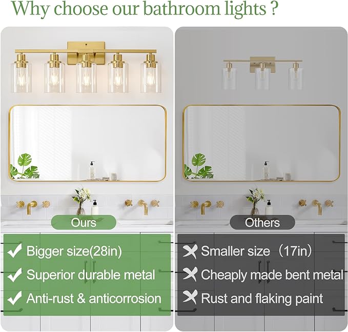 5-Light Bathroom Light Fixtures, Vanity Light with Clear Glass Shades, Brushed Gold Bathroom Light Fixtures Over Mirror, Modern Bathroom Wall Lamp for Mirror Living Room Cabinet Bedroom