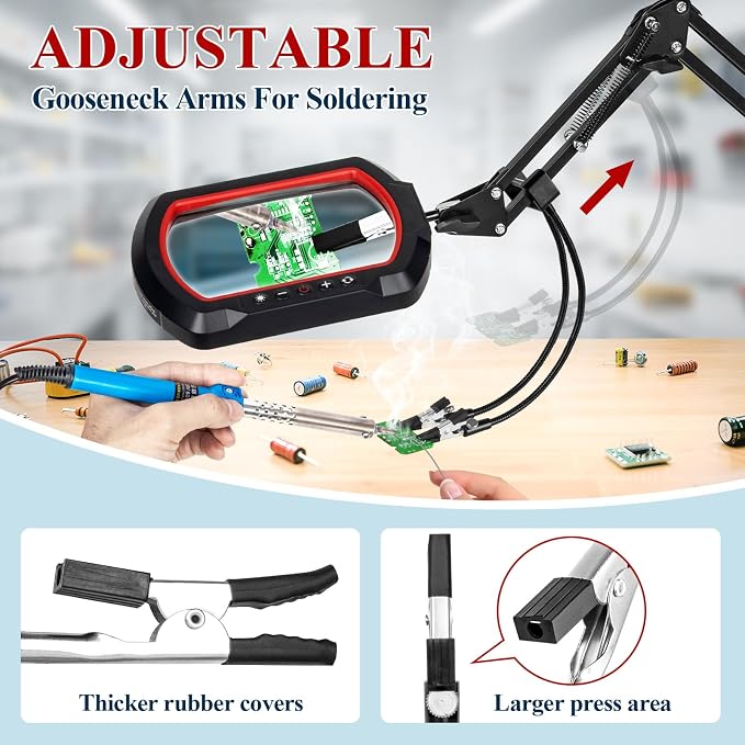 12X Square Magnifying Glass with Light and Clamp, Solder Helping Hand | Workbench Lighted Magnifier, 3-Section Swing Arm, 5 Colors Stepless Dimmable LED Desk Lamp with Stand for Hobby Repair Craft