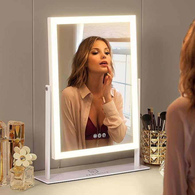 FENCHILIN Vanity Mirror with Lights 16.14" x 11.81",Lighted Makeup Mirror and Hollywood Mirror with Smart Touch Control 3 Colors Dimmable LED Light, 360°Rotation 10X Magnification(White)