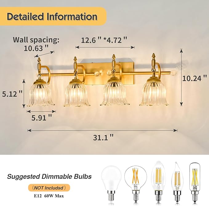 CVKASH 4-Light Bathroom Vanity Light Fixtures Over Mirror,Brushed Gold Modern Vanity Lights with Glass Shade Vintage Wall Sconce for Bedroom Dressing Room Living Room Hallway Cabinet