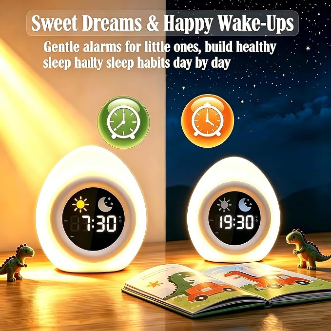 Egg Cartoon Ok to Wake Alarm Clock, White Noise Tap Night Light for Room | 6 White Noise Sounds, 8 Light Modes, Dual Alarm & Snooze, Dimmable LED, Type-C Rechargeable, 12/24 Hour Display