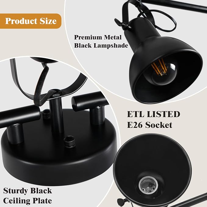 5-Light Kitchen Track Lighting Fixtures Ceiling, Black Semi Flush Mount Track Ceiling Light with 5 Flexibly Rotatable Lighting Heads Track Lighting Kit Ceiling Spot Lighting, Dia 47.24in