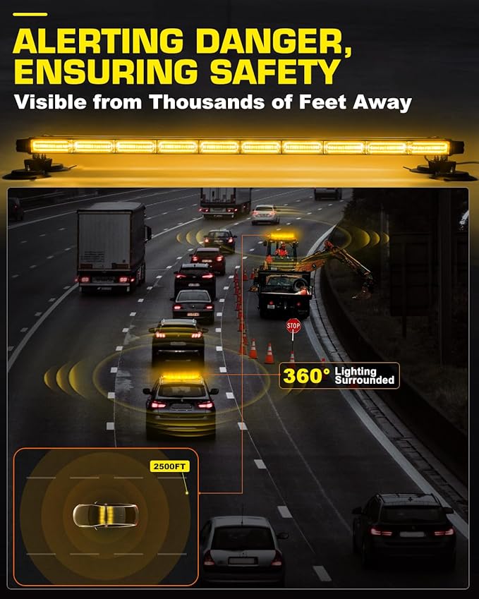 42" Roof Top Strobe Light Bar Amber Light Bar, Emergency Warning Flashing Safety Beacon Double Side Traffic Advisor Lights Magnetic Base for Safety Vehicles Tow Trucks Pickup Snowplow, Amber