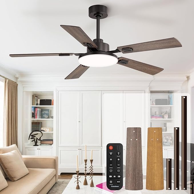60 Inch Ceiling Fans with Lights and Remote, Bedroom Living Room Office Library Cafe Outdoor Industrial, 5CCT Dimmable, Dual Color 5 Blades, 6 Speed Reversible Quiet DC Motor, Brown/Wood Grain