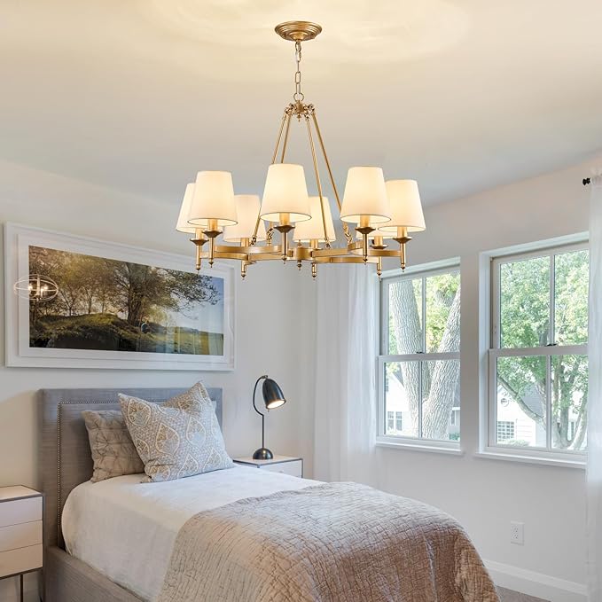 29.9inch 8-Light Gold Chandelier with White Linen Fabric Shade Large Farmhouse Ceiling Light Fixture Industrial Adjustable Hanging Pendant Light for Dining Room Living Room Kitchen Bedroom