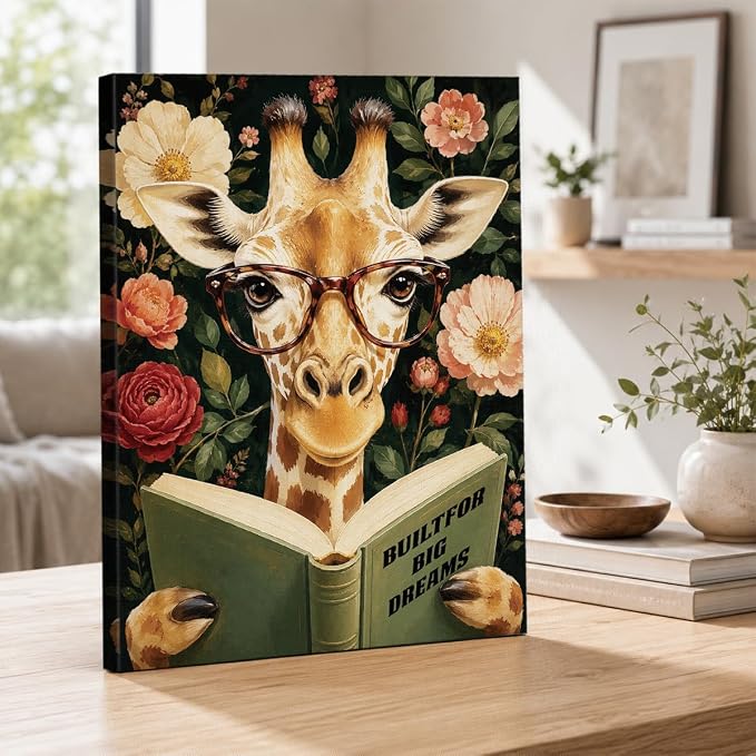 NSFBESSLIA Funny Reading Giraffe Painting, Whimsical Vintage Animal Decor, Built For Big Dreams, Wall Art for Living Room Bedroom Entryway, 8x10 Inch