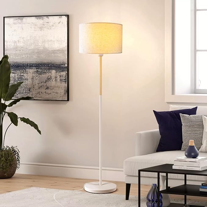 LALISU Bedroom Floor Lamp Farmhouse Floor Lamps for Living Room Mid-Century Pole Lamp Linen Lamp Shade, Standing Tall Lamps for Bedrooms and Office (White)