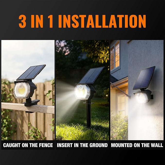 Clip-on Solar Spot Lights Outdoor with Motion Sensor for Pathway | 800LM SUPER BRIGHT 3-in-1 Install IP65 Waterproof Landscape Lighting with 3 Lighting Modes for Fence, Tree, Flag and Garage